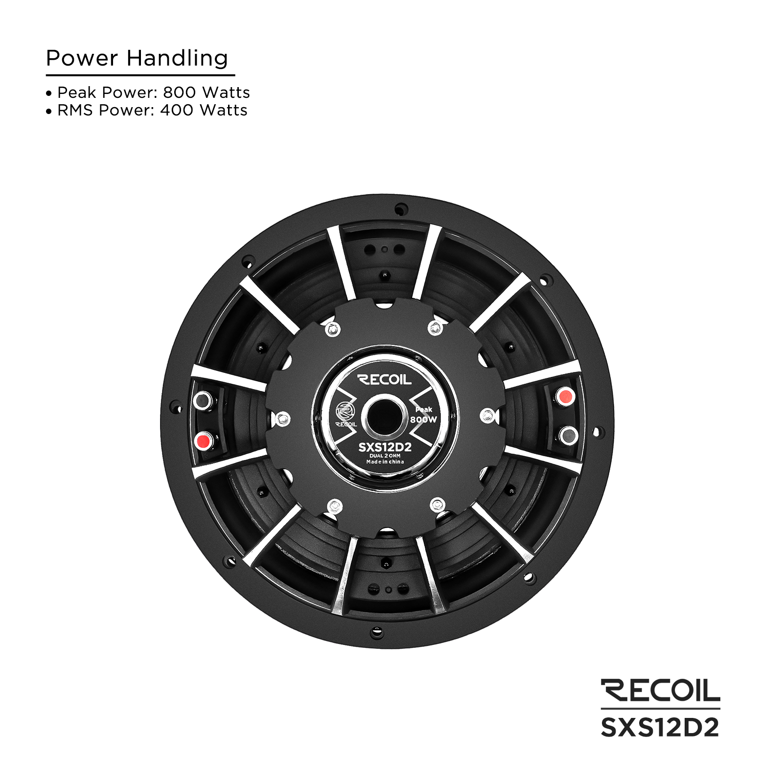 SXS12D2 Ultra Shallow 12 Inch 800 Watts Power Dual 2 Ohm Voice Coil, 2″ Black-Coated 6-layer High Temperature Voice Coil, Car Audio Shallow Subwoofer
